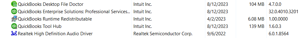 QuickBooks Program List